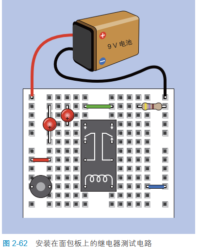 2-62 安装在面包板上的继电器测试电路