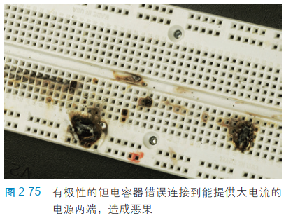 2-75 有极性的钽电容器错误连接到能提供大电流的电源两端，造成恶果