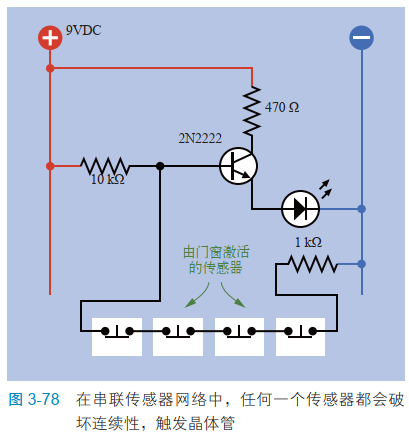 3-78在串联传感器网络中，任何一个传感器都会破坏连续性，触发晶体管