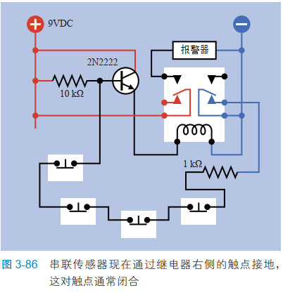 3-86串联传感器现在通过继电器右侧的触点接地，这对触点通常闭合