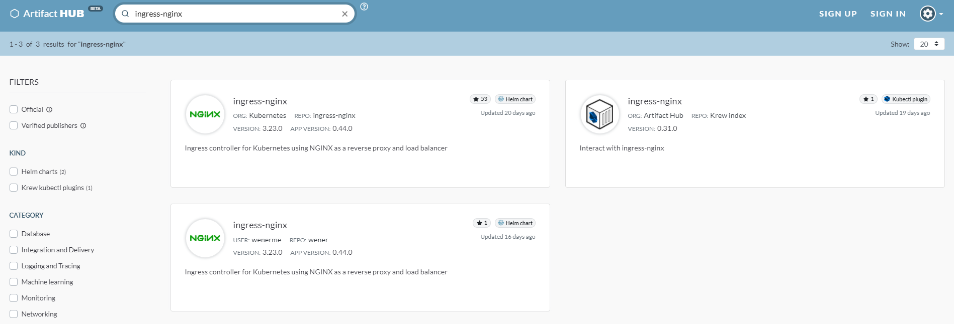 ArtifactHub - ingress-nginx 搜索