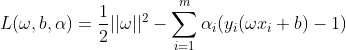 L(\omega,b,\alpha)=\frac{1}{2}||\omega||^2-\sum_{i=1}^{m}\alpha_i(y_i(\omega x_i+b)-1)