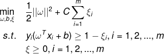 \begin{aligned} \min_{\omega,b,\xi}{\quad}&\frac{1}{2}||\omega||^2+C\sum_{i=1}^{m}\xi_i\\ s.t. {\quad} & y_i(\omega^Tx_i+b)\geq 1-\xi_i, i=1,2,...,m \\ & \xi_i\geq 0,i=1,2,...,m \end{aligned}