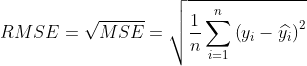 RMSE=\sqrt{MSE}=\sqrt{\frac{1}{n}\sum_{i=1}^{n}\left ( y_{i}-\widehat{y_{i}} \right )^{2}}