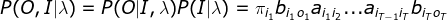 P(O,I|\lambda )=P(O|I,\lambda )P(I|\lambda )=\pi _{i_{1}}b_{i_{1}o_{1}}a_{i_{1}i_{2}}...a_{i_{T-1}i_{T}}b_{i_{T}o_{T}}