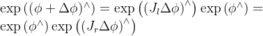 \large \exp \left((\phi+\Delta \phi)^{\wedge}\right)=\exp \left(\left(J_{l} \Delta \phi\right)^{\wedge}\right) \exp \left(\phi^{\wedge}\right)=\exp \left(\phi^{\wedge}\right) \exp \left(\left(J_{r} \Delta \phi\right)^{\wedge}\right)