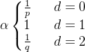 \alpha \left\{\begin{matrix} \frac{1}{p} & & d=0& \\ 1& & d =1& \\ \frac{1}{q}& & d=2& \end{matrix}\right.