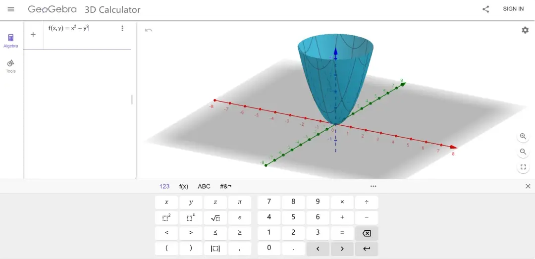 左侧公式编辑器中输入f(x,y)=x2+y2,右侧显示函数对应的图形