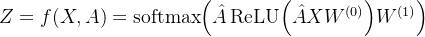 Z=f(X,A)=\text{softmax}\Big(\hat{A}\, \text{ReLU}\Big(\hat{A}XW^{(0)}\Big)W^{(1)}\Big)