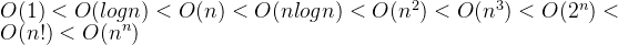 O(1)<O(logn)<O(n)<O(nlogn)<O(n^{2})<O(n^{3})<O(2^{n})<O(n!)<O(n^{n})