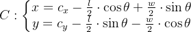 C:\left\{\begin{matrix} x=c_{x}-\frac{l}{2}\cdot \cos \theta+\frac{w}{2}\cdot \sin \theta \\ y=c_{y}-\frac{l}{2}\cdot \sin \theta-\frac{w}{2}\cdot \cos \theta \end{matrix}\right.