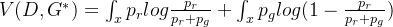 V(D,G^*)=\int_x p_rlog \frac{p_r}{p_r+p_g}+\int_x p_g log (1-\frac{p_r}{p_r+p_g})