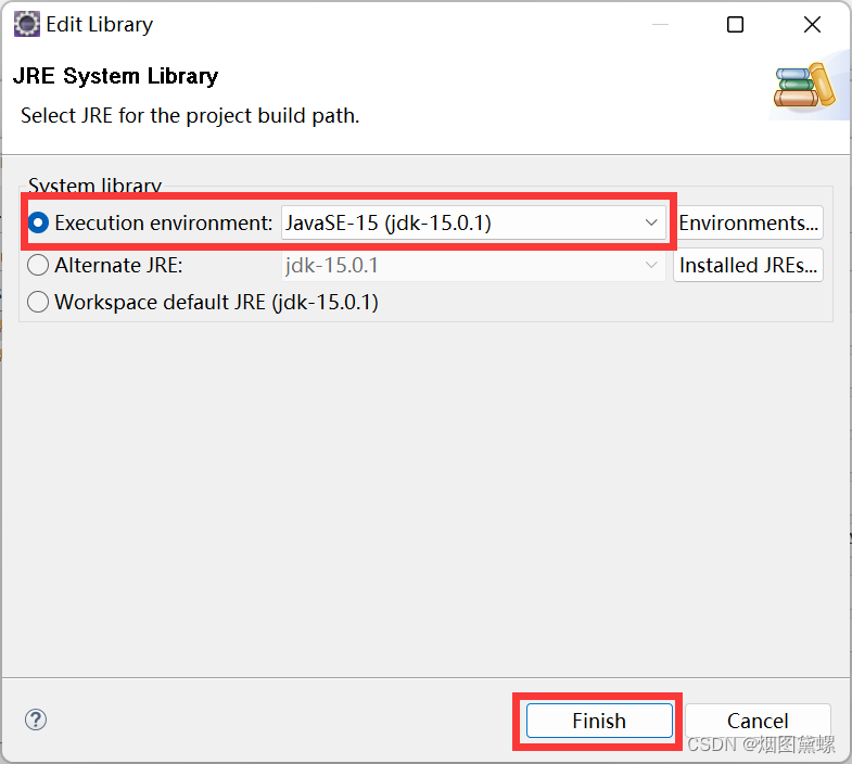 选择 J2SE-15(jdk-15.0.1)