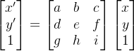 \begin{bmatrix} x'\\ y'\\ 1 \end{bmatrix} = \begin{bmatrix} a & b & c\\ d & e & f\\ g & h & i \end{bmatrix}\begin{bmatrix} x\\ y\\ 1 \end{bmatrix}